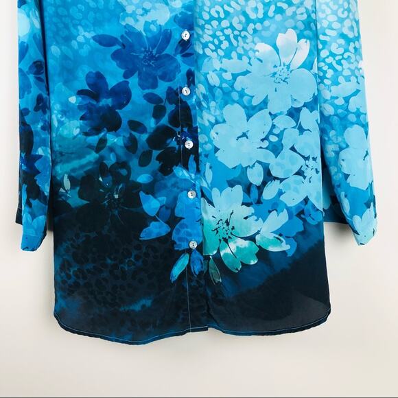 Soft Surroundings blue floral silk button top coastal preppy tropical large - Picture 3 of 9